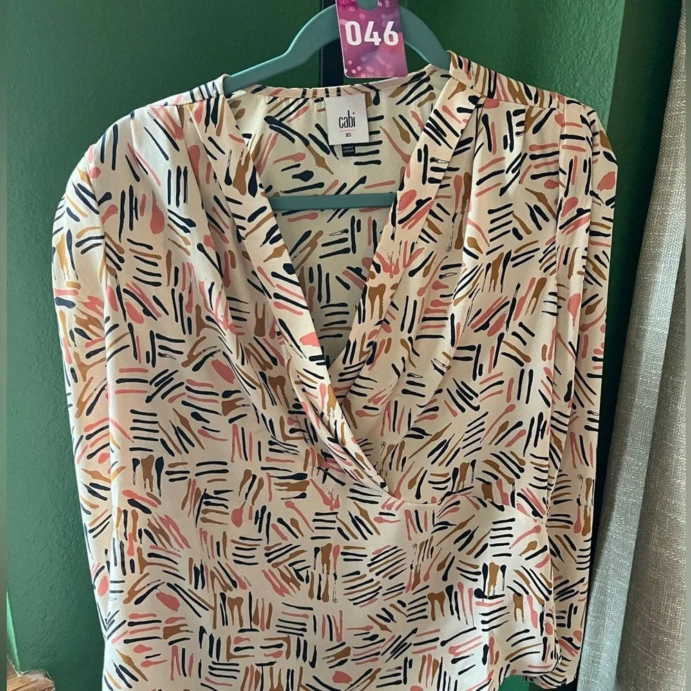 CABi Marni Blouse Abstract Brush Print ivory, navy, mustard, & coral. NWOT #046